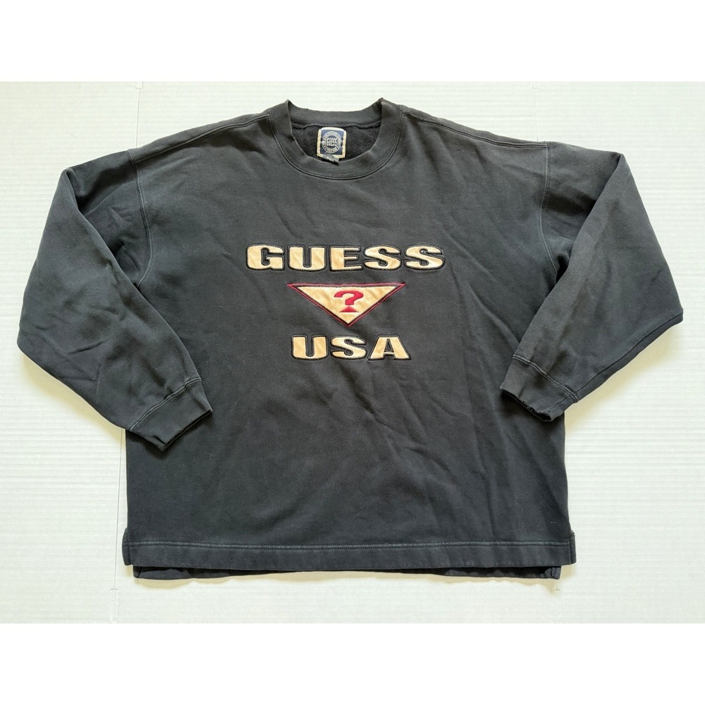Vintage Guess USA Spell Out Embroidered Logo Crewneck Sweatshirt Black Men's Med